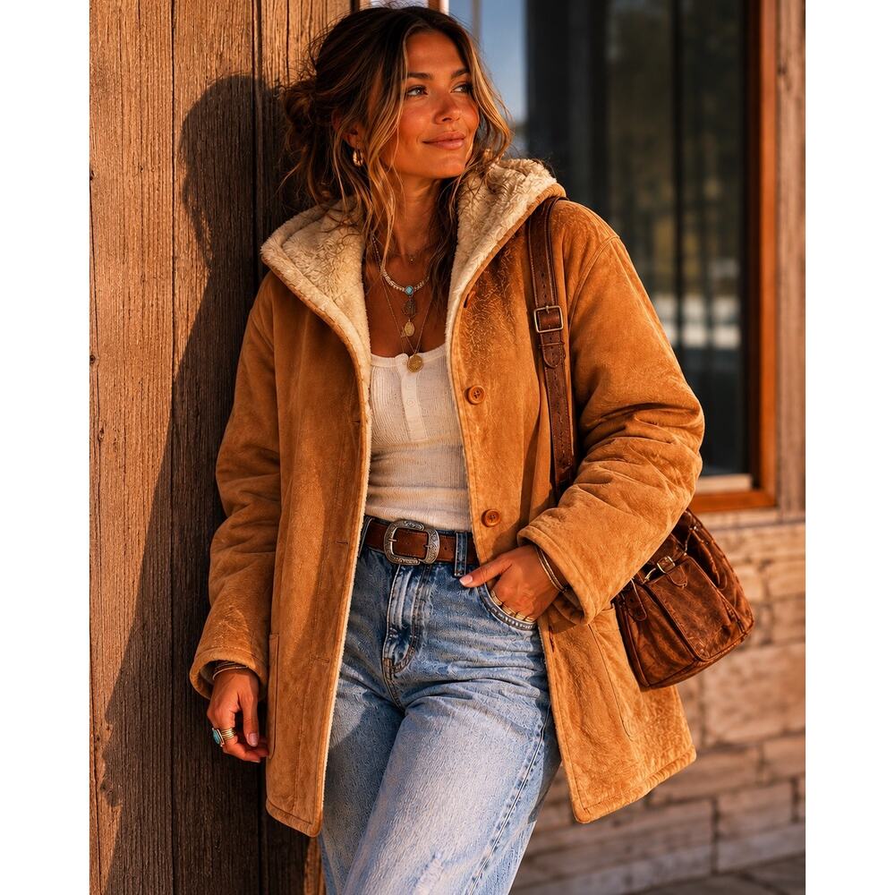Vintage 90s NYJeans Tan Suede Leather Fur Lined Barn Trucker Jacket Size Large